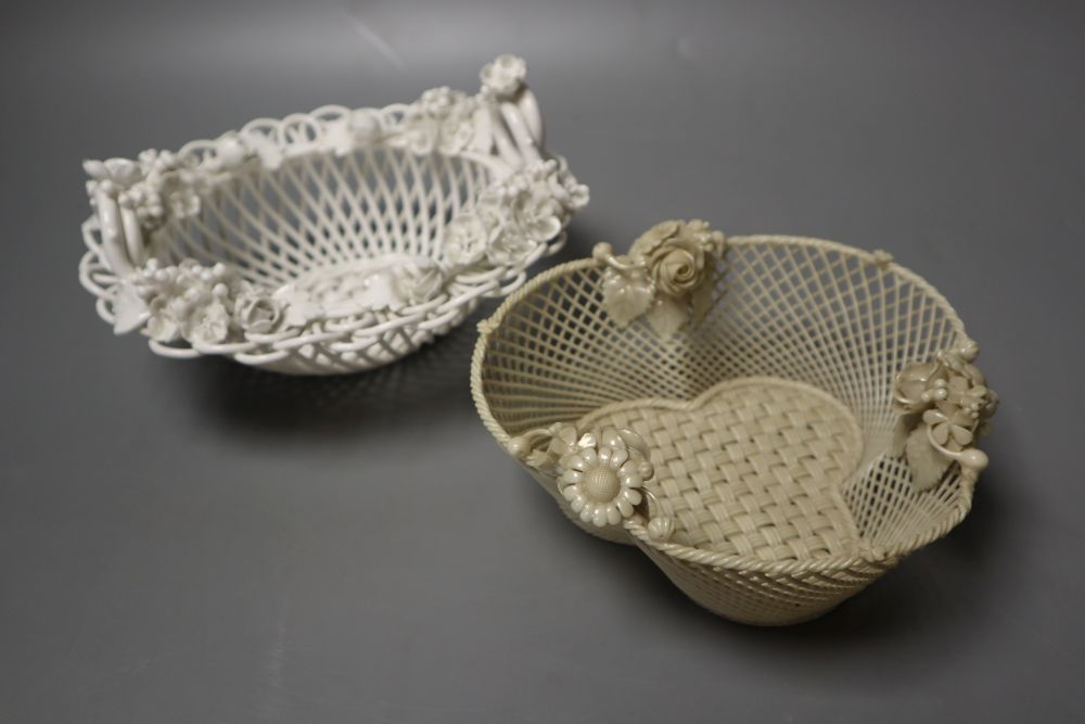 A Derby Sampson Hancock intricate basket white glazed together with an early Belleek basket